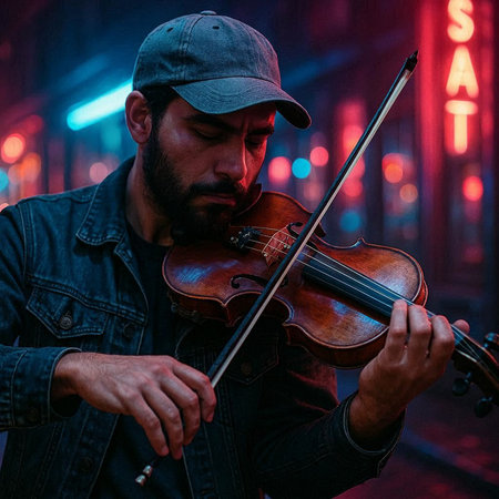 Young man playing the violin in the street at night in the city.の写真素材