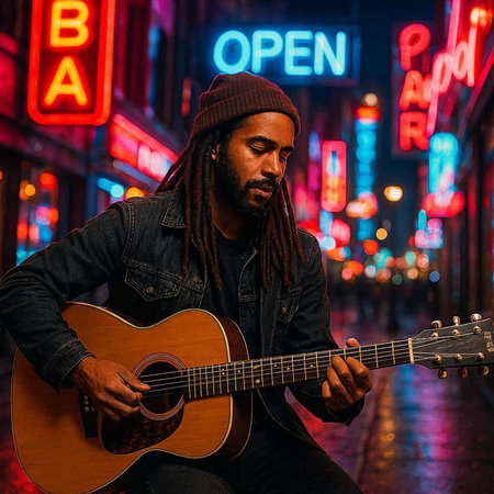 African american man with dreadlocks playing acoustic guitar in night city.
