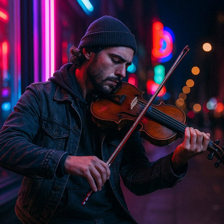 Musician playing the violin in the street at night. Music concept.
