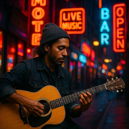 Handsome african american man playing acoustic guitar in the street.