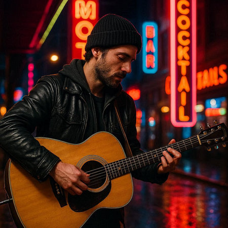 Young man playing guitar in the street at night. Street music concept.