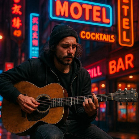 Handsome man playing guitar in New York City at night.