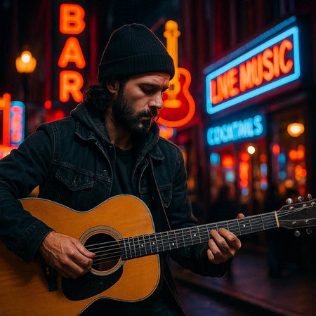 Street musician playing acoustic guitar in a night club. Musician in the city.