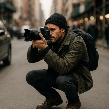 Portrait of a photographer with a camera in his hands. Photographer on the street.の写真素材
