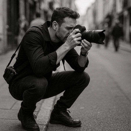 Professional photographer taking picture in the city. Black and white photo.