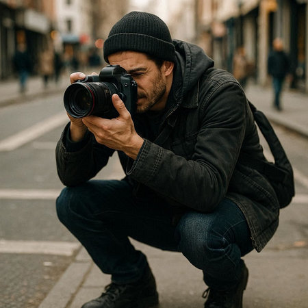 Photographer taking a picture of a city street with his camera.
