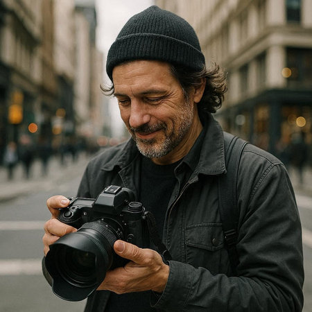 Mature man with a camera in the city. Portrait of a photographer with a camera.