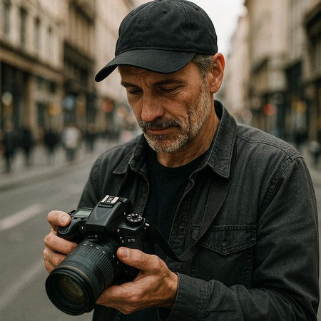 Portrait of a mature man with a camera in his hands.