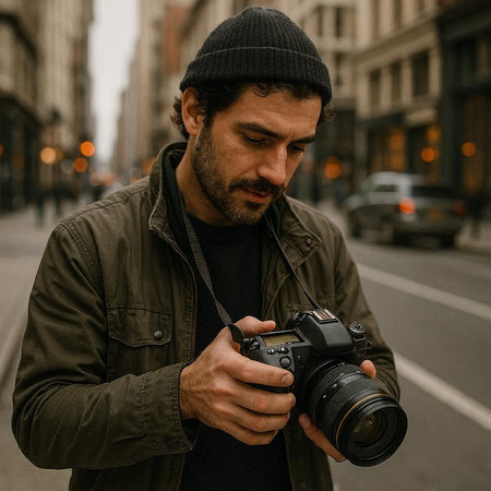 Handsome young man with a beard and mustache in a black hat and a green jacket with a camera in his...