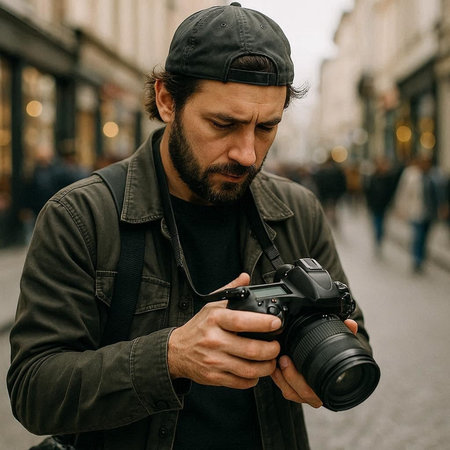 Handsome bearded man in a cap with a camera in the city