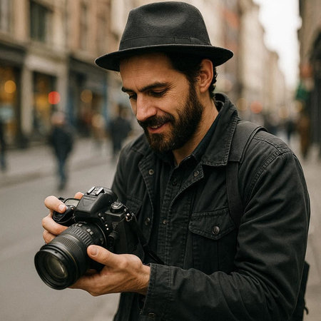 Handsome bearded man in a hat with a camera in the cityの写真素材