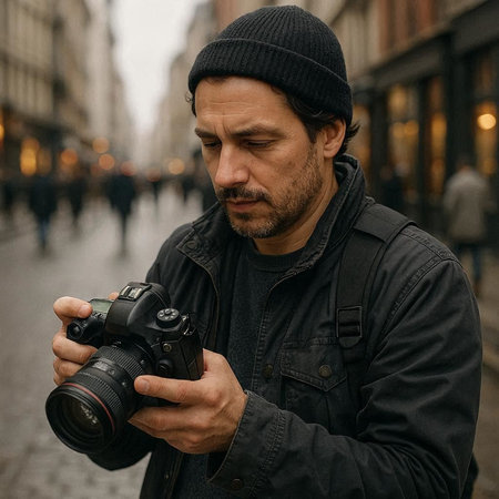 Portrait of a man with a camera on the street. A photographer with a camera in his hands.