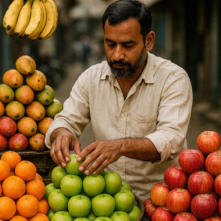 Portrait of a Nepali man selling fruits at the street market in Kathmandu in the morning