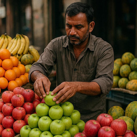 Indian man selling fresh fruits in the street marketの写真素材