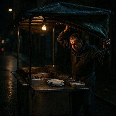 Homeless man sells street food in the old city at night.