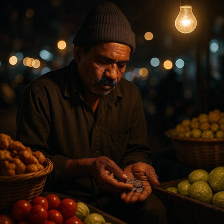 Indian man selling vegetables at night market in Kolkata, Indiaの写真素材