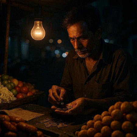 Old man selling fruits and vegetables at night market in Bali, Indonesiaの写真素材