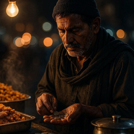 Portrait of an old beggar in the street at night.の写真素材