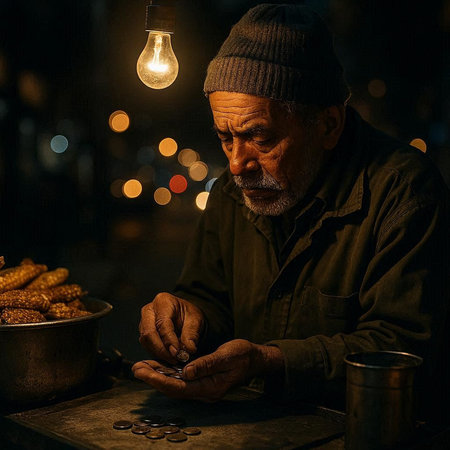 Old homeless man counting coins at night street market. Poverty concept.の写真素材