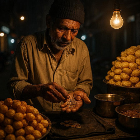 Indian man selling sweets at night in Varanasi, India.の写真素材