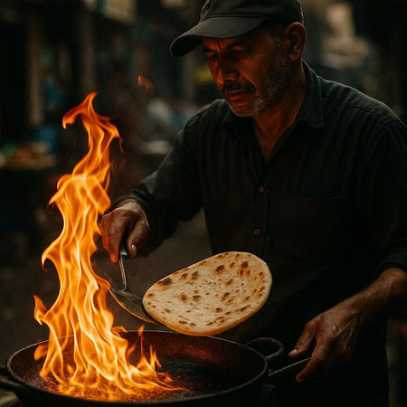 Indian street vendor cooking a pancake on the street in India.の写真素材