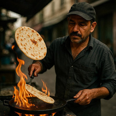 Indian street vendor making a traditional pita bread on a fire.の写真素材