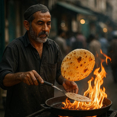 Indian man cooking roti in Kolkata.の写真素材