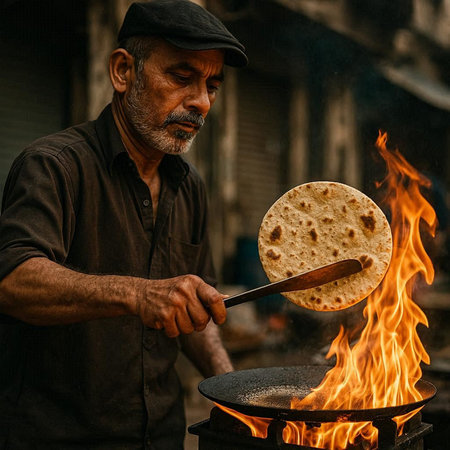 Portrait of a unknown Nepali street vendor cooking a flatbread in the street of Kathmandu in the morningの写真素材