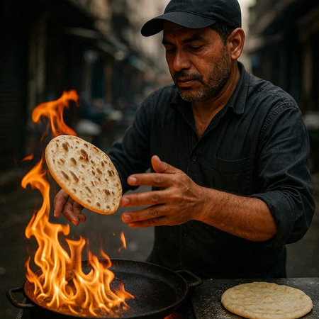 Closeup of a unknown Nepali street vendor preparing a traditional pita bread in Kathmandu in the...