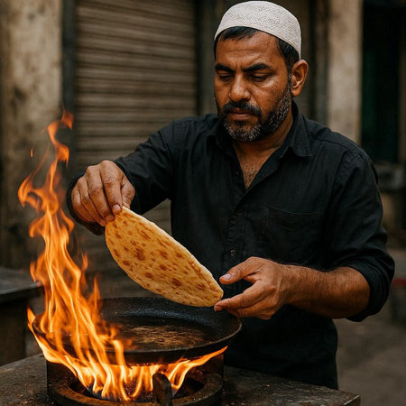 Indian man cooking pita bread at street food stall in Delhi, Indiaの写真素材