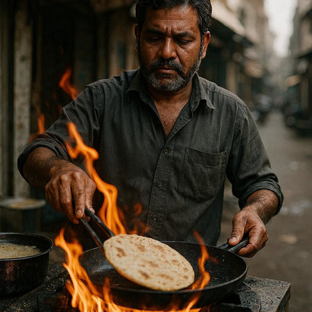 Indian man cooking chapati bread on fire in the street of Delhi, India.
