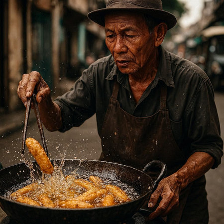 Closeup of a Nepali old man cooking traditional Nepali street food in Kathmandu in the morningの写真素材