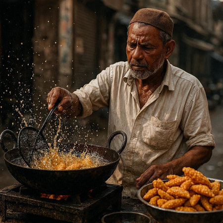 Indian old man cooking fried corn on the street.の写真素材