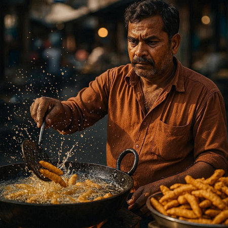 Portrait of a unknown Nepali man cooking at the street of Kathmandu in the morning