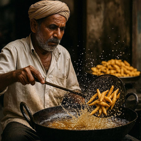 Unidentified indian man cooking deep fried potatoes in a pan.の写真素材
