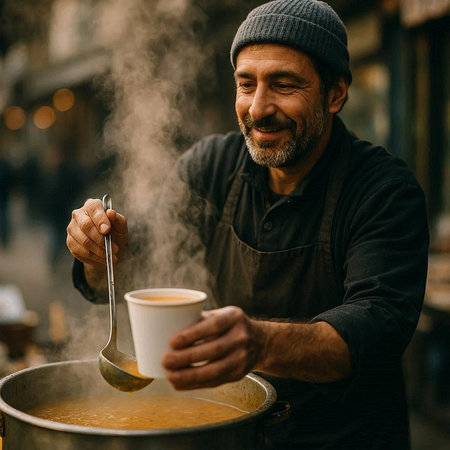 Cheerful bearded man in a black T-shirt and a gray hat is preparing a hot cappuccino on the street.