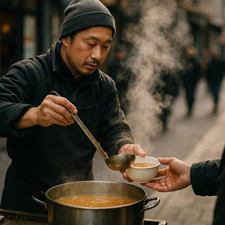 Handsome Asian man cooking soup in the street. Street food concept.の写真素材