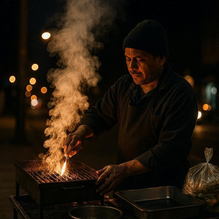 Portrait of a man in a black t-shirt and hat preparing food at nightの写真素材