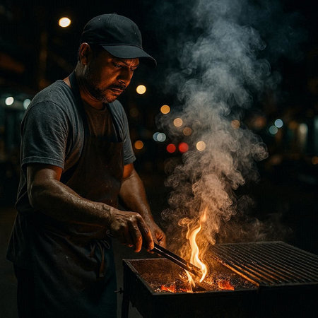 Handsome Asian man cooking on barbecue grill in night city street.