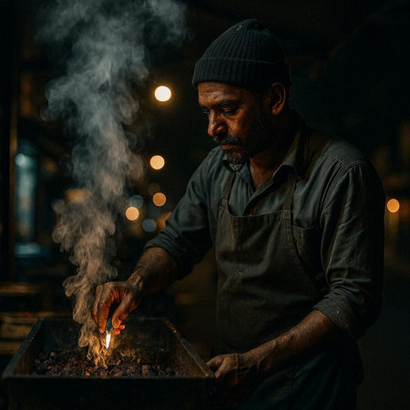 Portrait of a bearded Indian man smoking a cigarette at night.の写真素材