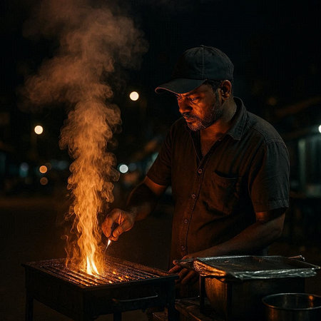 Unidentified Thai man cooking thai style food on the street at night.
