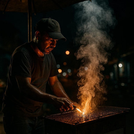Man cooking street food at night in Bali, Indonesia. Street food concept.の写真素材