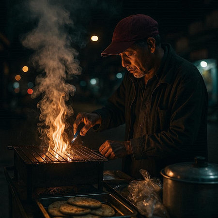 Caucasian man cooking bbq in the street at night