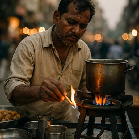 View of unknowns Nepali people cooking at the street of Kathmandu in the evening