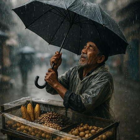 Old man selling fruits and vegetables in a street market under the rain
