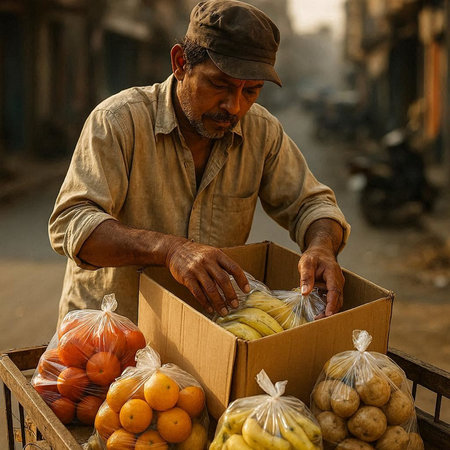 A man sells fresh fruits in the street.の写真素材