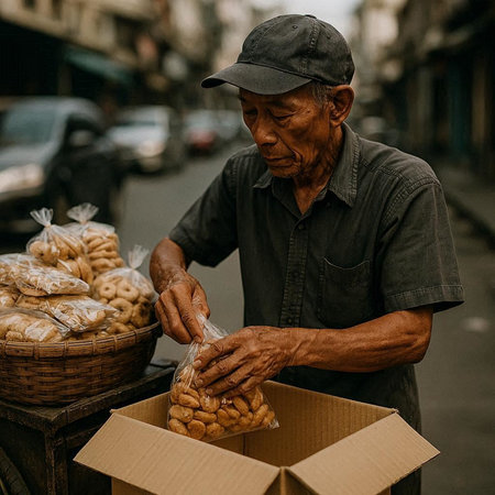 Vietnamese senior man is selling bread in the street of Vietnam