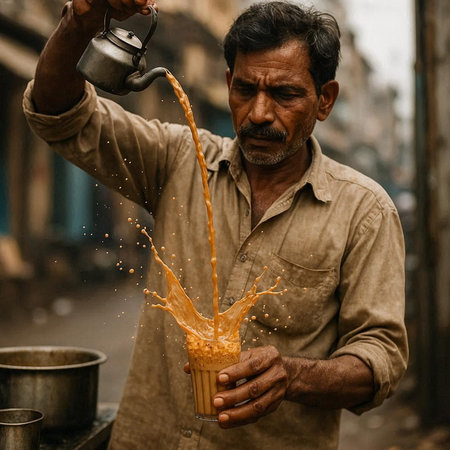 Indian man pouring milk from a pot on the street.の写真素材