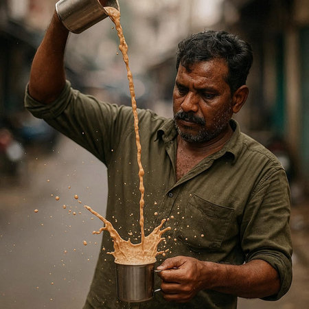 Indian man pouring coffee from a coffee pot in the street of Mumbai, Indiaの写真素材