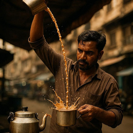Indian man pouring milk from a copper kettle to a pot, Indiaの写真素材